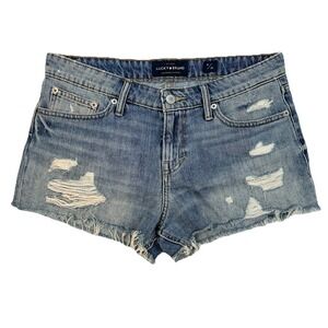 LUCKY BRAND The Cut Off Mid Rise Denim Shorts US 6/28 Distressed Blue Cowgirl